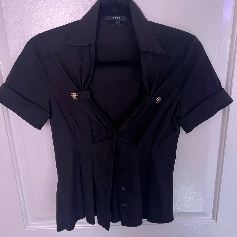 Gucci Black Button Down Cap Sleeve Top